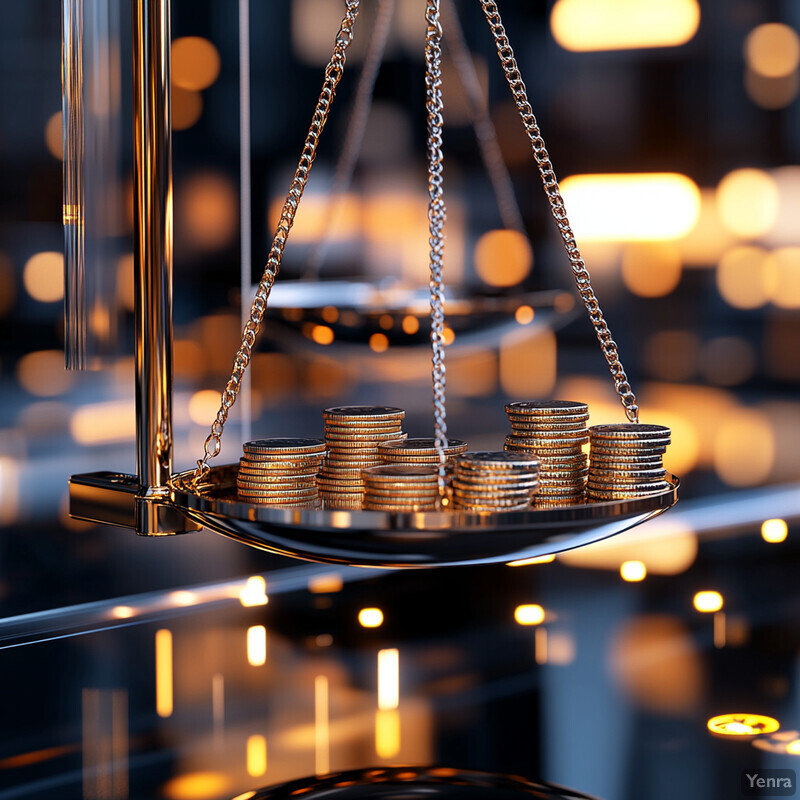 A set of coins is balanced on a scale in an indoor setting, with four stacks of coins on each side.