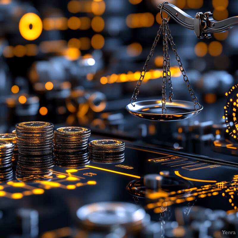 A scale with gold coins and circuit boards in the background, suggesting a theme of balance and fairness in financial transactions or technology.