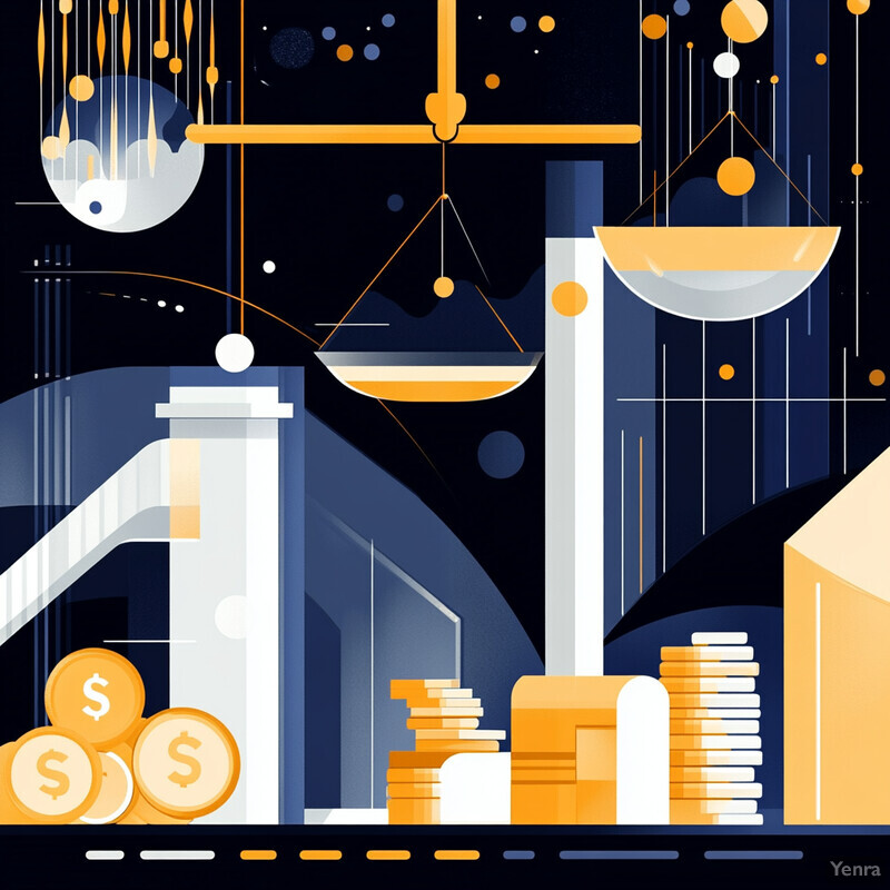 An abstract representation of cost and risk reduction, featuring coins, a scale, and geometric shapes.