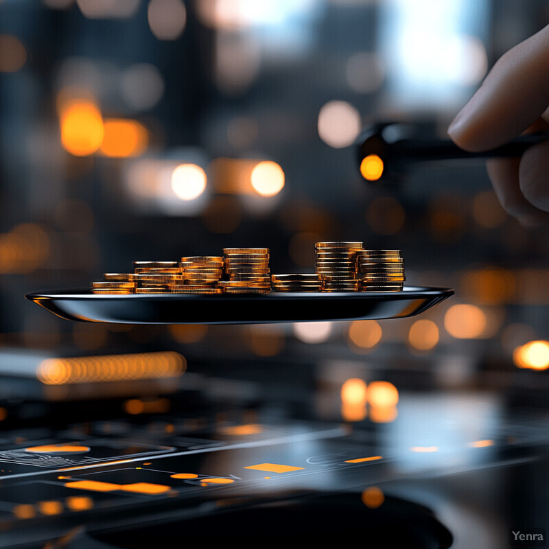 A hand hovers over a plate of gold coins with a black spoon poised above it, suggesting a transaction or exchange in a financial institution.