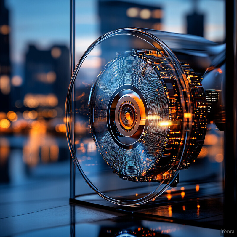 A futuristic device with a circular shape and glowing blue light is prominently displayed in an indoor urban setting.