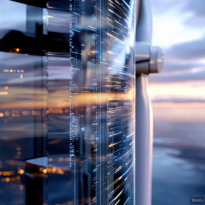 A futuristic cityscape at dusk, with a large glass building and neon lights illuminating the darkening sky.