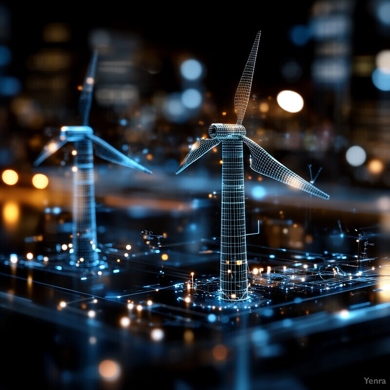 A futuristic cityscape with integrated wind turbines and digital twin visualization.