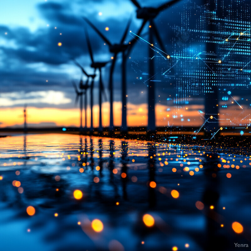 A peaceful sunset scene over a body of water, featuring wind turbines in the background.