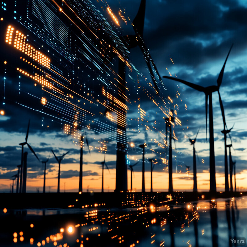 A field of wind turbines at dusk or dawn.