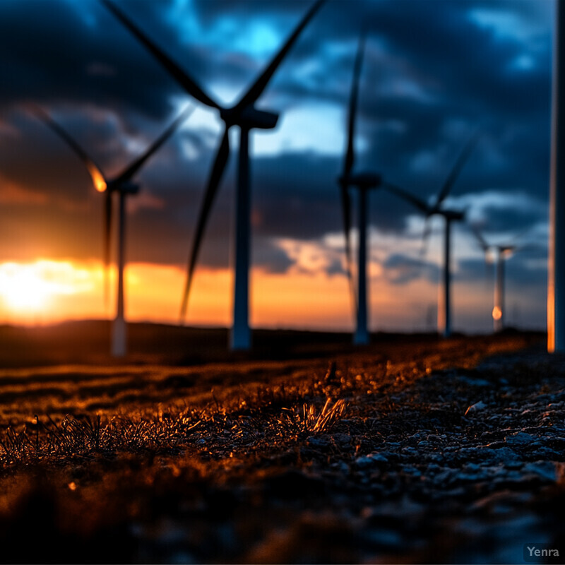 A serene landscape with wind turbines in the distance at sunset or sunrise.