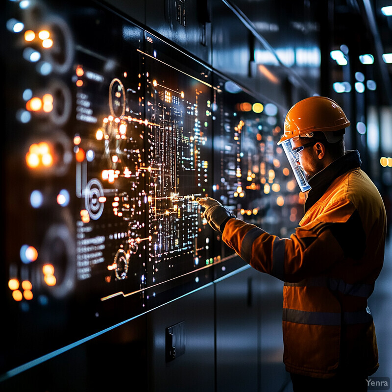 A worker is examining a computer screen displaying graphs and charts in a factory or manufacturing facility.