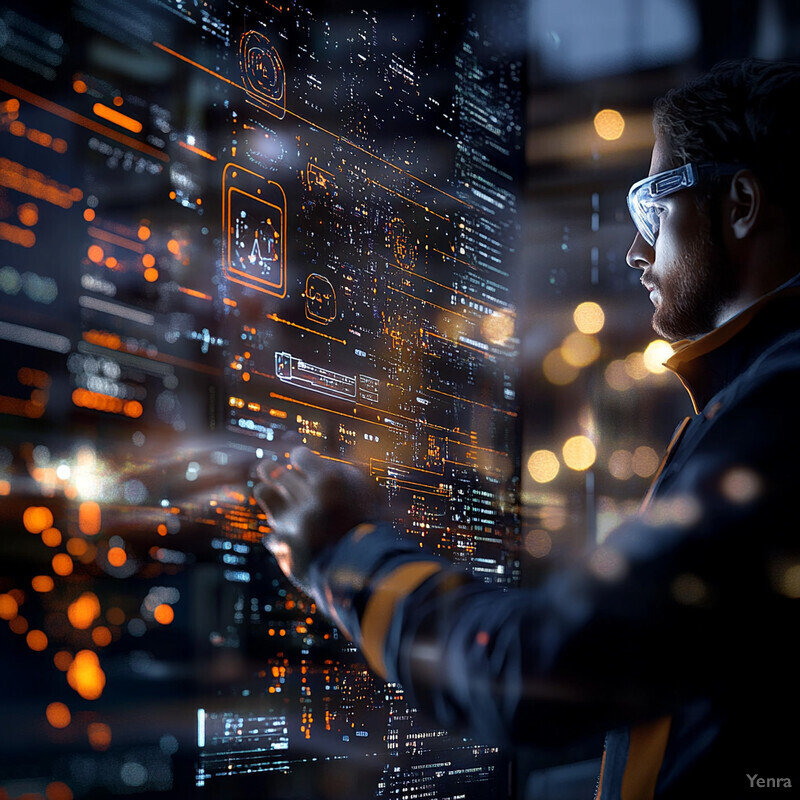 A man in safety goggles stands in front of a large screen displaying data visualizations in an industrial setting.