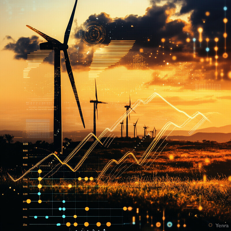 An image of wind turbines in a field with line graphs and charts displayed on screens or monitors.