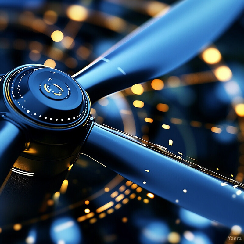 A blurry close-up of an electric fan with blue blades and a yellow background.