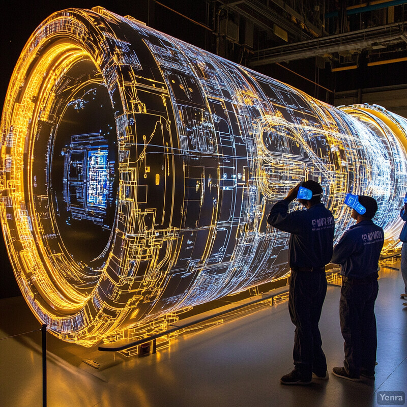 Two men wearing virtual reality headsets stand in front of a large, futuristic display.