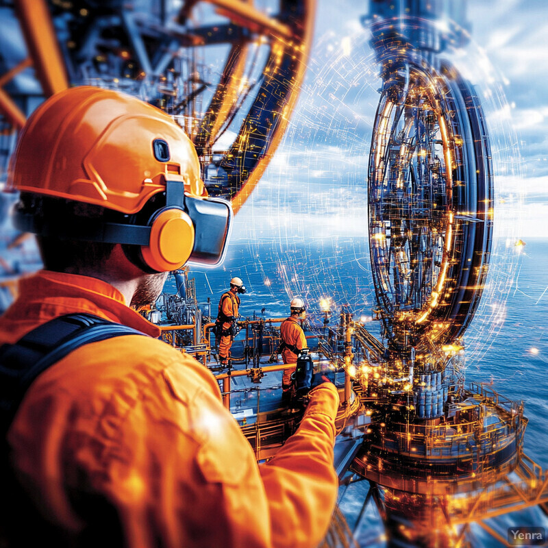 Workers in orange jumpsuits and hard hats attend to their tasks in an industrial setting.