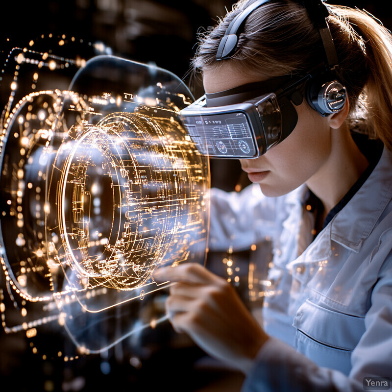 A woman wearing virtual reality goggles and holding a futuristic device with glowing lines on it.