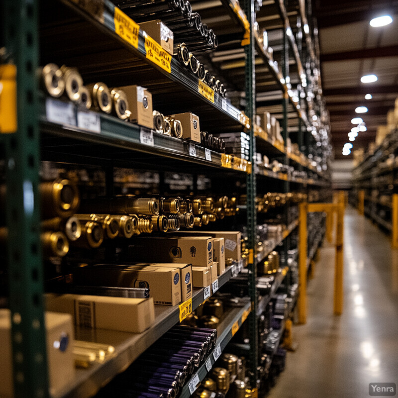 A warehouse aisle lined with metal shelving units stocked with various products.