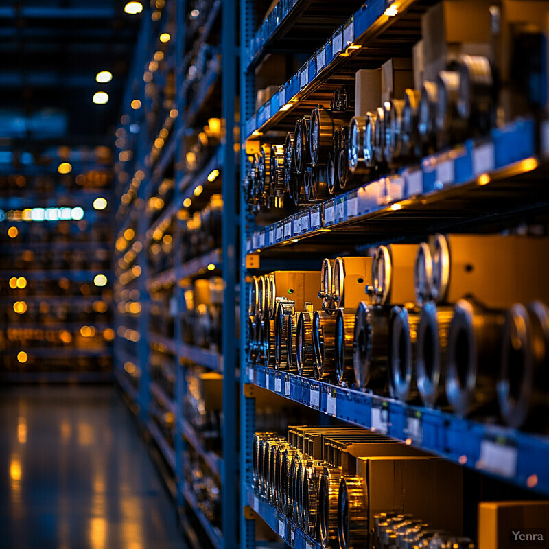 A warehouse or storage facility with rows of shelves stocked with various spare parts for machinery or equipment.