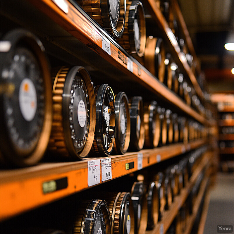 A warehouse or storage facility with rows of shelves stacked high with large, black, round spare parts.