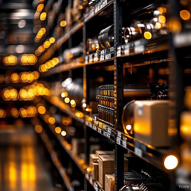 A warehouse or storage facility with metal shelving units stacked high with various items.