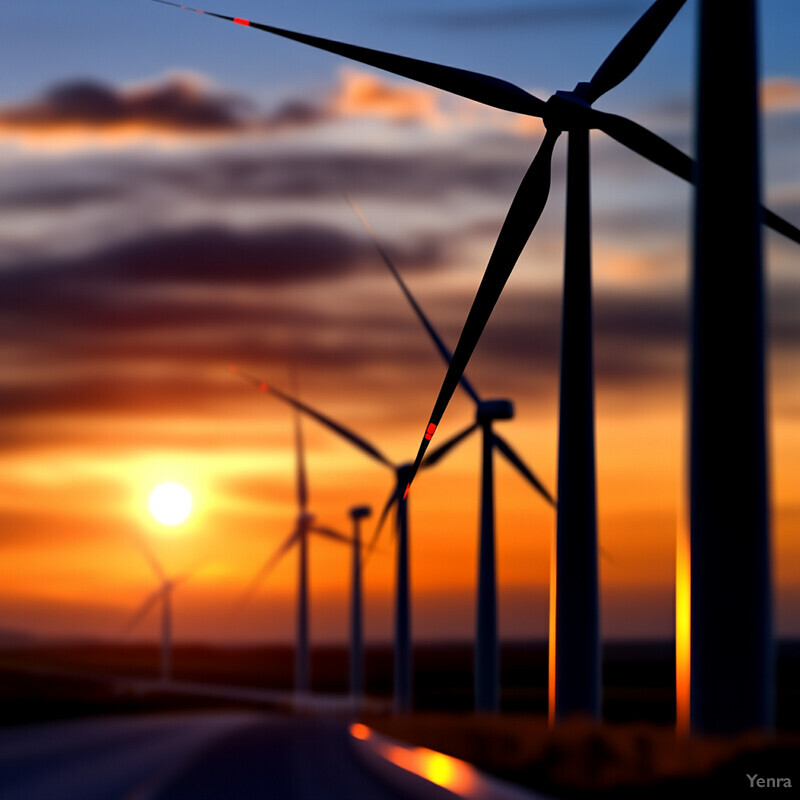 A wind farm at sunset or sunrise, with multiple turbines generating electricity in an open field.