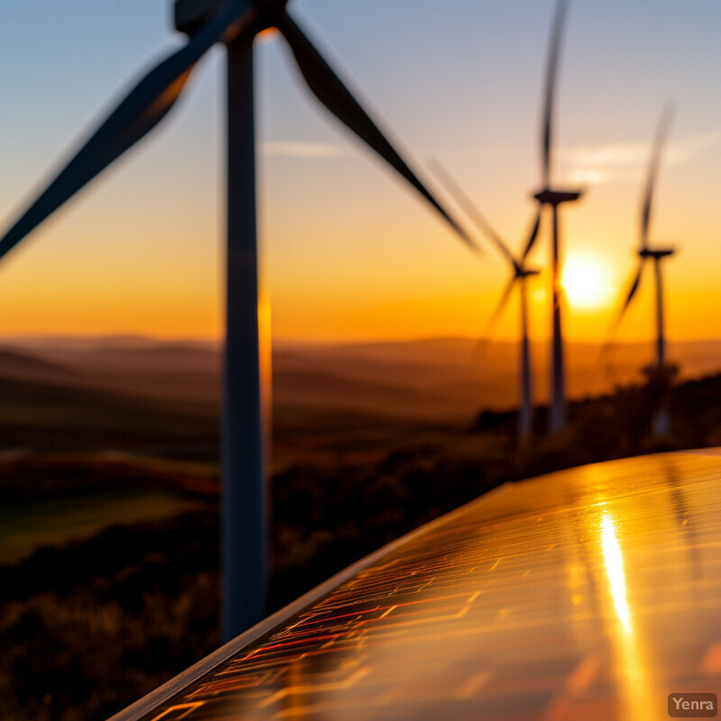 A winding road leads through a landscape of wind turbines at sunset or sunrise.