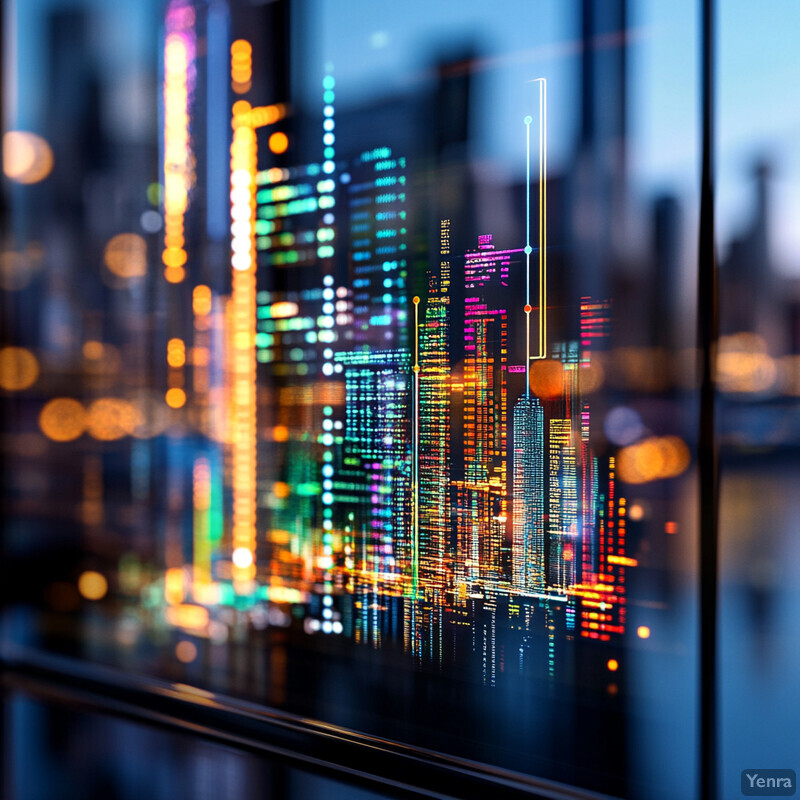 A cityscape at night with tall skyscrapers and buildings illuminated by neon lights.