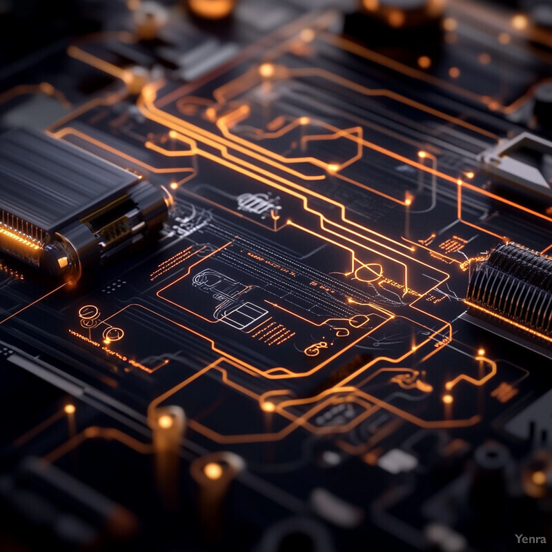 A detailed representation of an electronic circuit board with various components and wires interconnected.