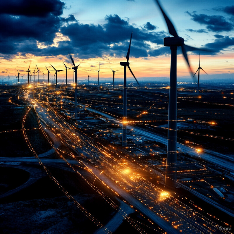 A landscape dominated by wind turbines and highway infrastructure under a cloudy sunset sky.