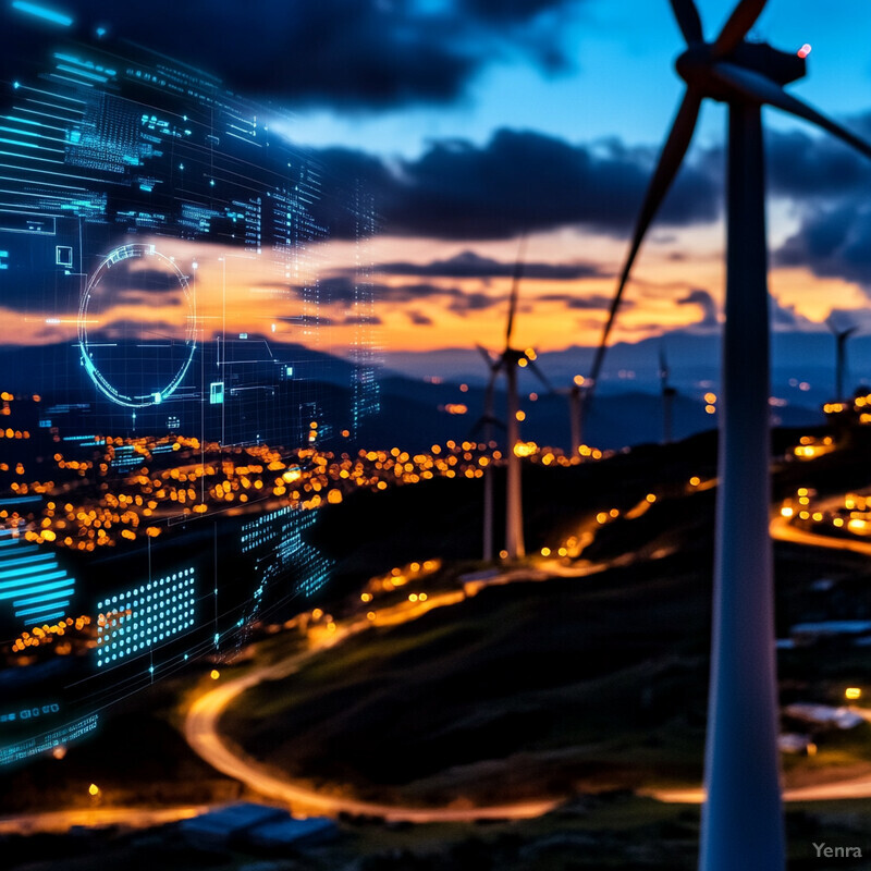 A futuristic city with wind turbines and a digital overlay.