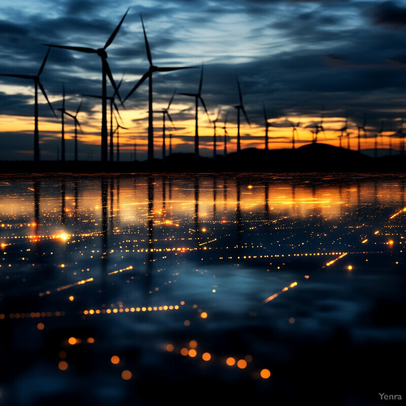 A sunset over a field of wind turbines, creating a peaceful atmosphere.