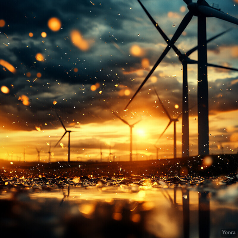 A serene image of a wind farm at sunset.