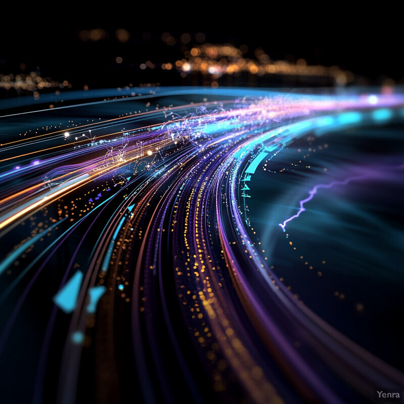 A vibrant and dynamic image of train tracks at night, with a focus on the rail lines and streetlights.