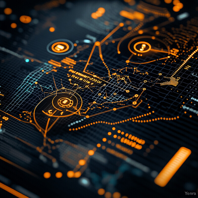 The image depicts a complex network of interconnected nodes and lines, with vibrant colors and bold lines creating a visually striking effect. The central node serves as the focal point, surrounded by smaller nodes and icons that add depth and interest to the design.