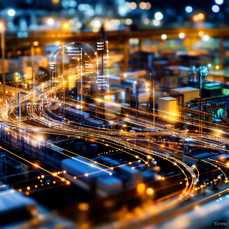 A nighttime scene of an industrial area with a large factory and surrounding buildings, illuminated by bright lights.