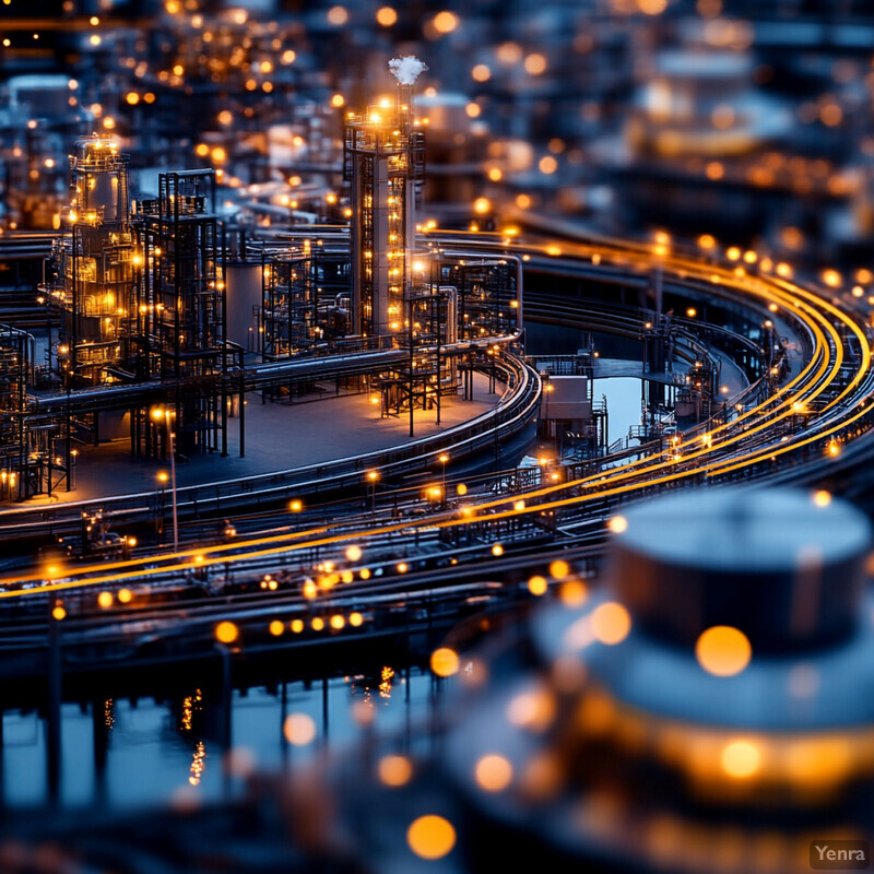 An industrial area at night with various structures and equipment illuminated by yellow lights.