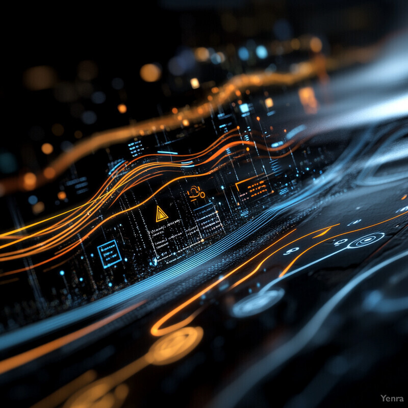 Intricate abstract representation of data flow or visualization with dynamic lines and symbols.