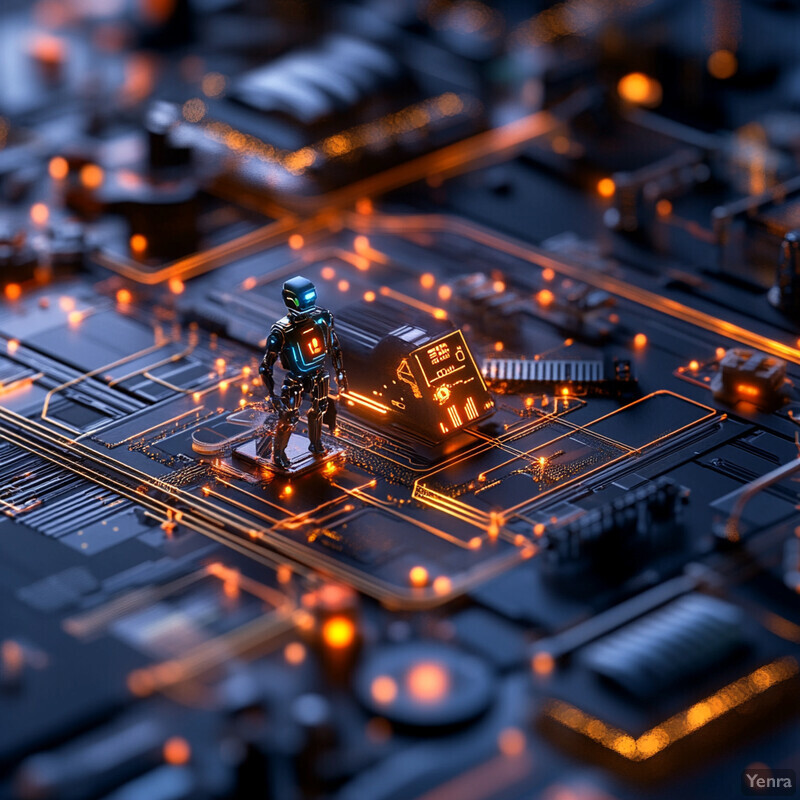 A futuristic scene featuring a robot standing on a circuit board surrounded by glowing orange lights and wires.