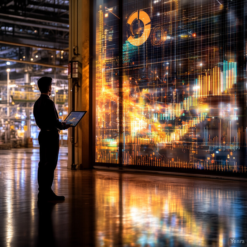 A man examines a large screen displaying graphs and charts in an office setting.