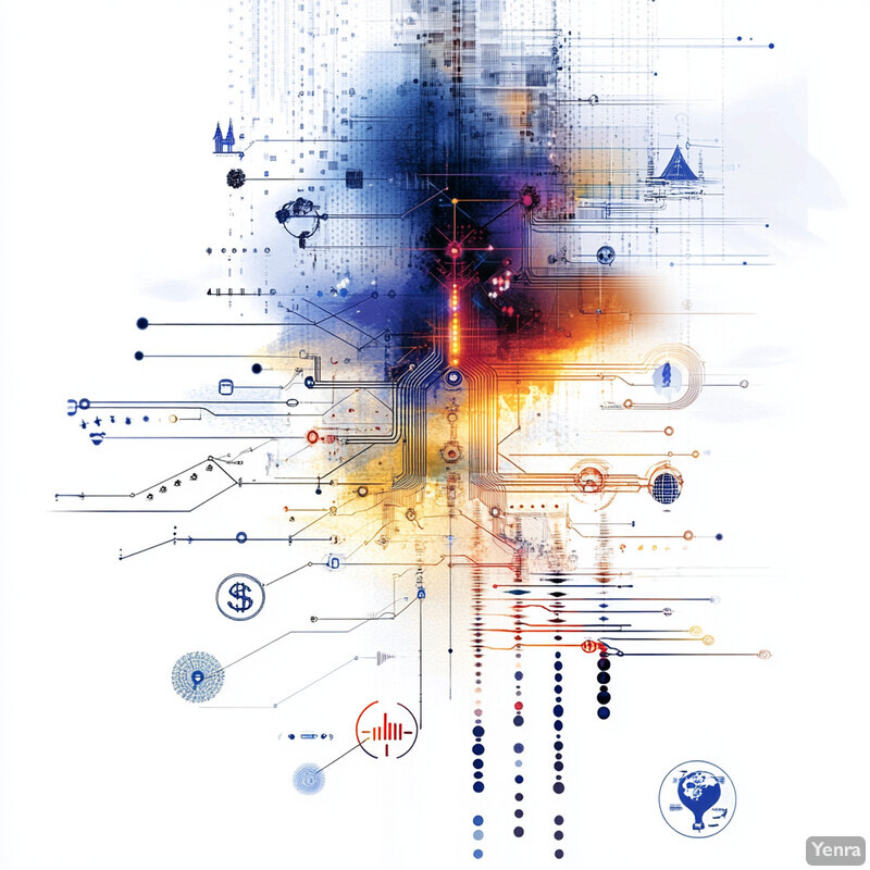 An abstract representation of a complex system or process, with various elements and symbols arranged in a seemingly random pattern.