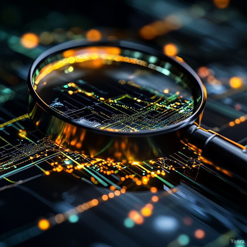 A magnifying glass hovers over a computer chip or circuit board illuminated by bright orange and green lights.