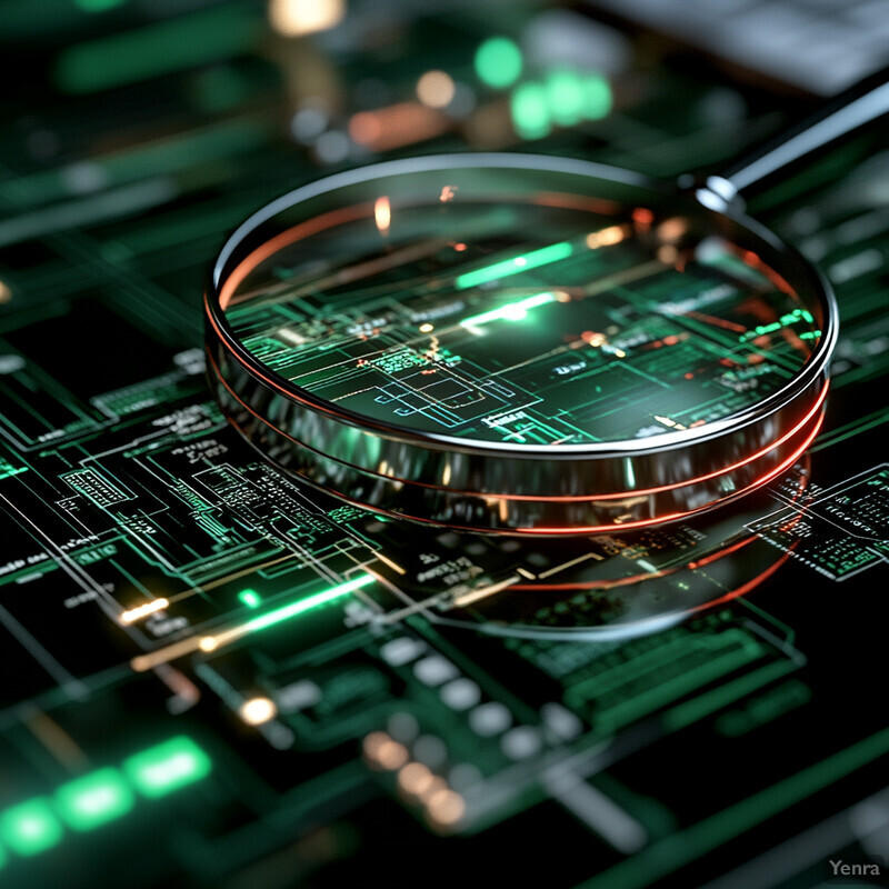 A magnifying glass is being used to examine a complex circuit board or motherboard.