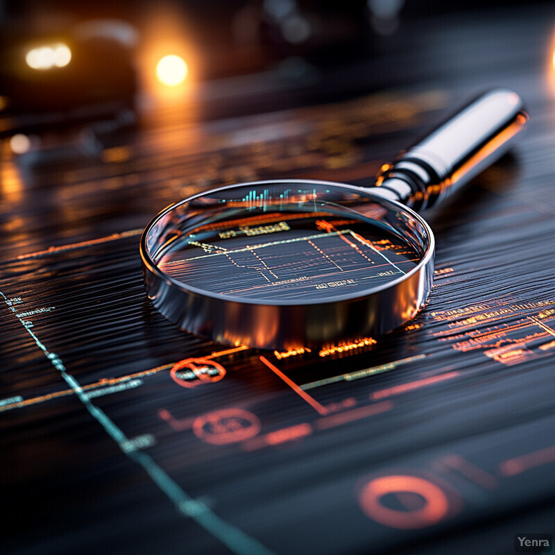 A magnifying glass is positioned over a computer screen displaying a graph with various lines and symbols.