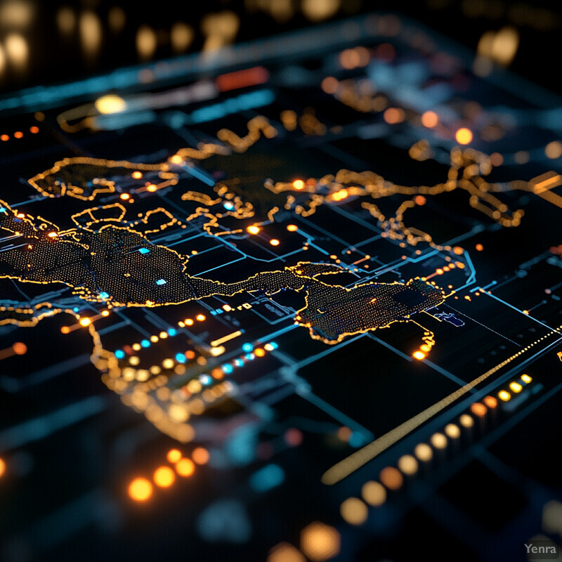 A futuristic 3D map of the world with illuminated country borders.