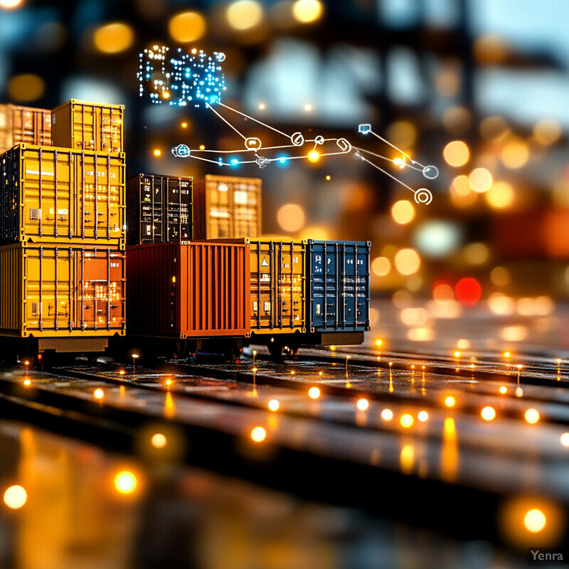 A collection of shipping containers arranged in rows on a flat surface, likely a dock or warehouse floor.