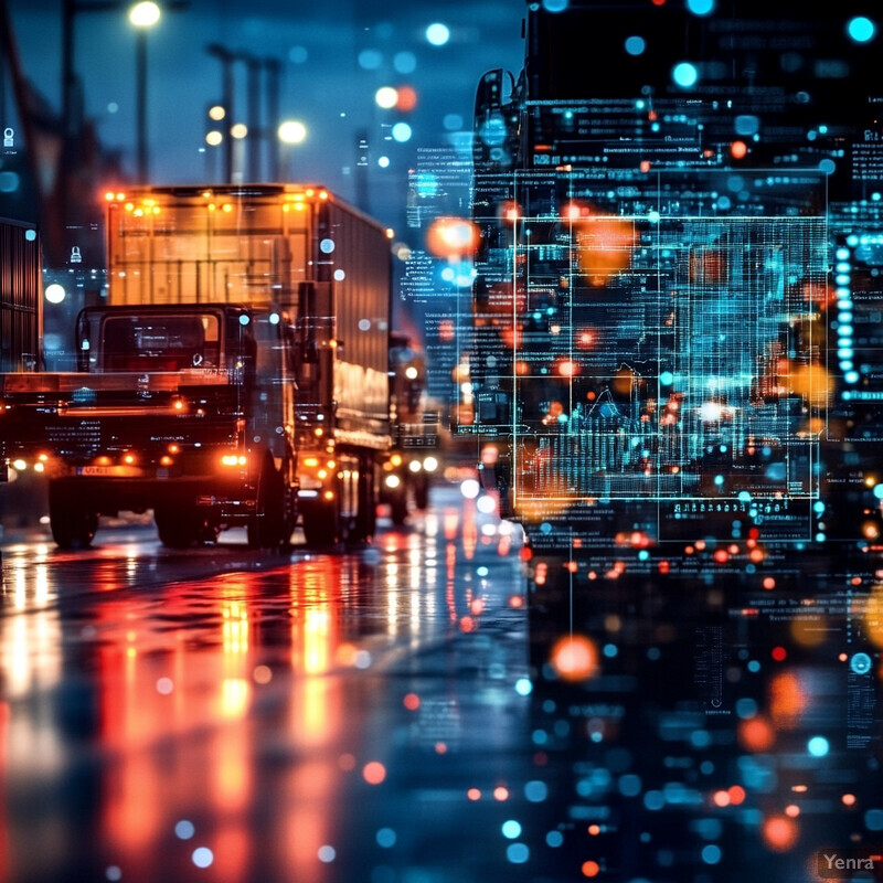 Two trucks driving down a city street at night.