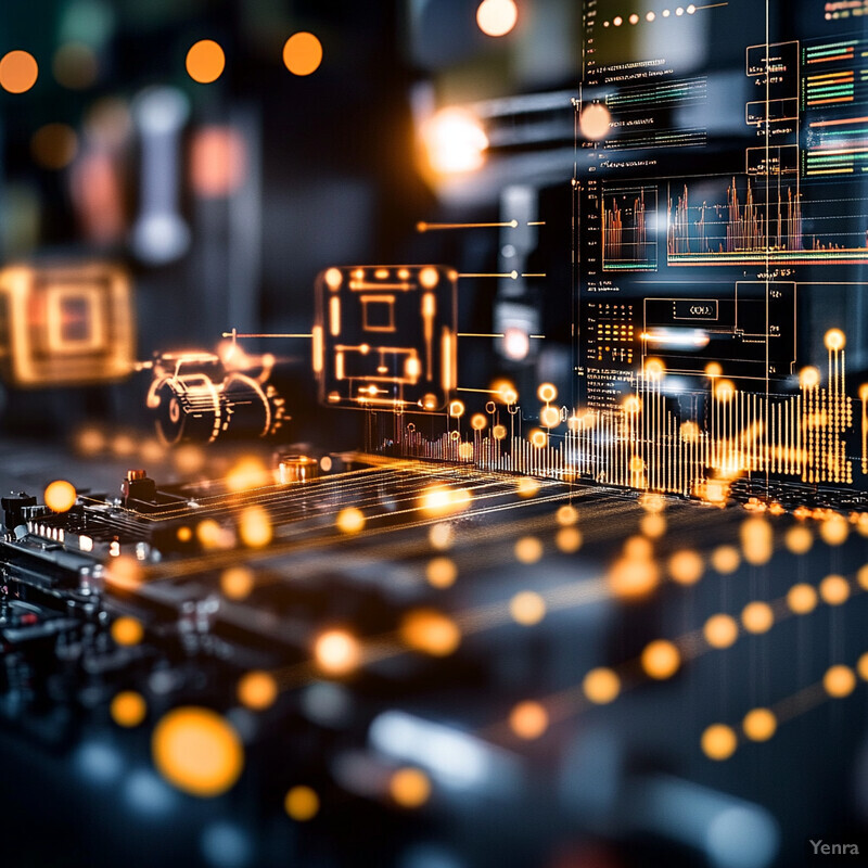 A stock photo of a computer motherboard with various components and wires visible, set against a blurred background that appears to be a workshop or laboratory.