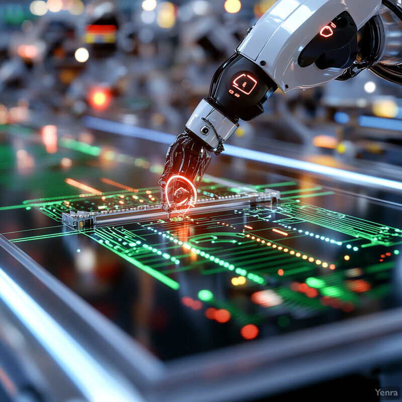 A robotic arm is seen grasping a small object on top of a table in a workshop or factory setting.