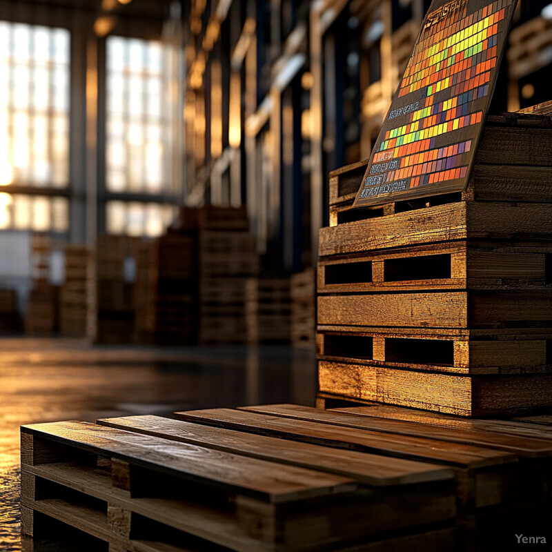 A dimly lit warehouse with wooden pallets stacked against walls and along the floor, suggesting a busy and possibly underutilized space for storing goods or materials.