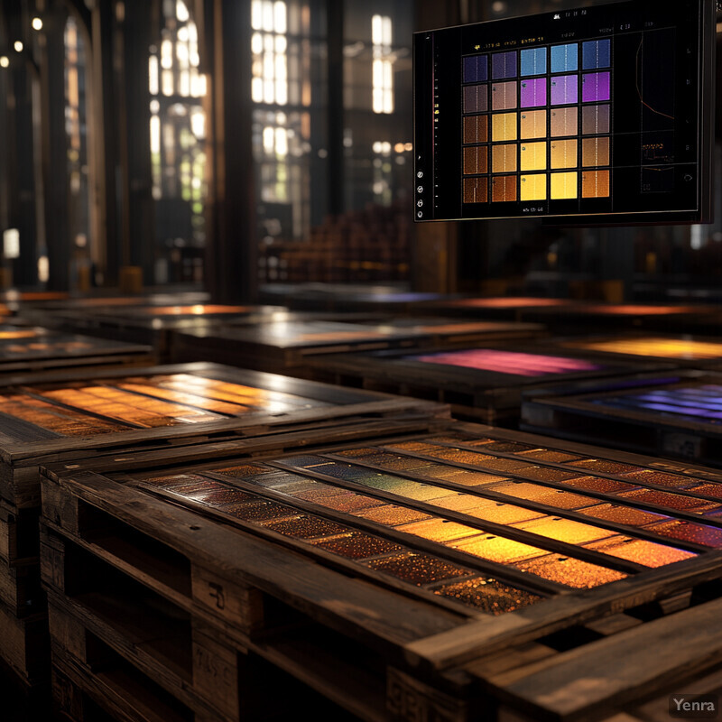 A dimly lit warehouse with rows of wooden pallets stacked high with crates containing various goods.