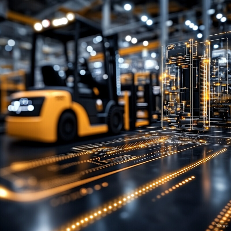 A busy industrial setting with forklifts and pallets of goods, suggesting a manufacturing or distribution center.