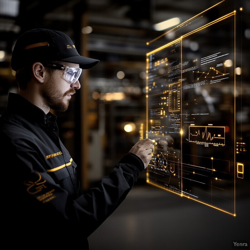 A man in a black uniform with yellow accents is standing in front of a large screen displaying graphs and charts related to predictive maintenance in logistics asset management.