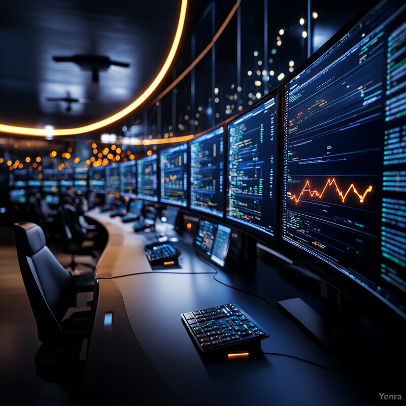 A futuristic control room with rows of computer monitors and keyboards.